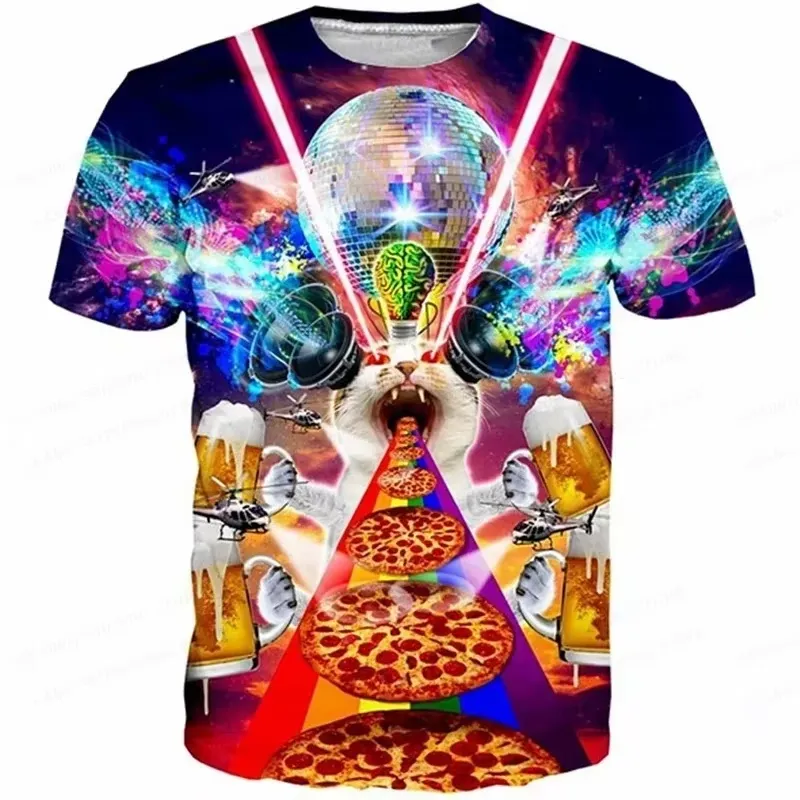 3D Printing In Food - เสื้อยืดลายแมวตลกพิมพ์ลาย 3 มิติ สำหรับผู้ชาย ลายอาหารสัตว์ เสื้อยืดแขนสั้นทรงหลวม