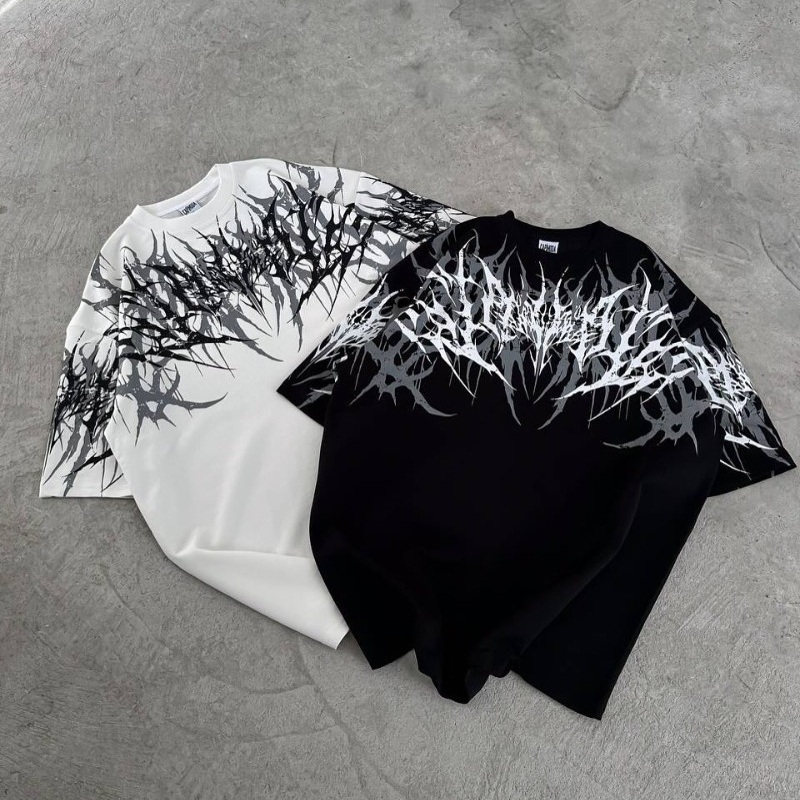 3D Printing Template - เสื้อยืดแขนสั้นลายพิมพ์สเตนซิล 3 มิติ สไตล์โกธิค ไซเบอร์พังก์ Y2K
