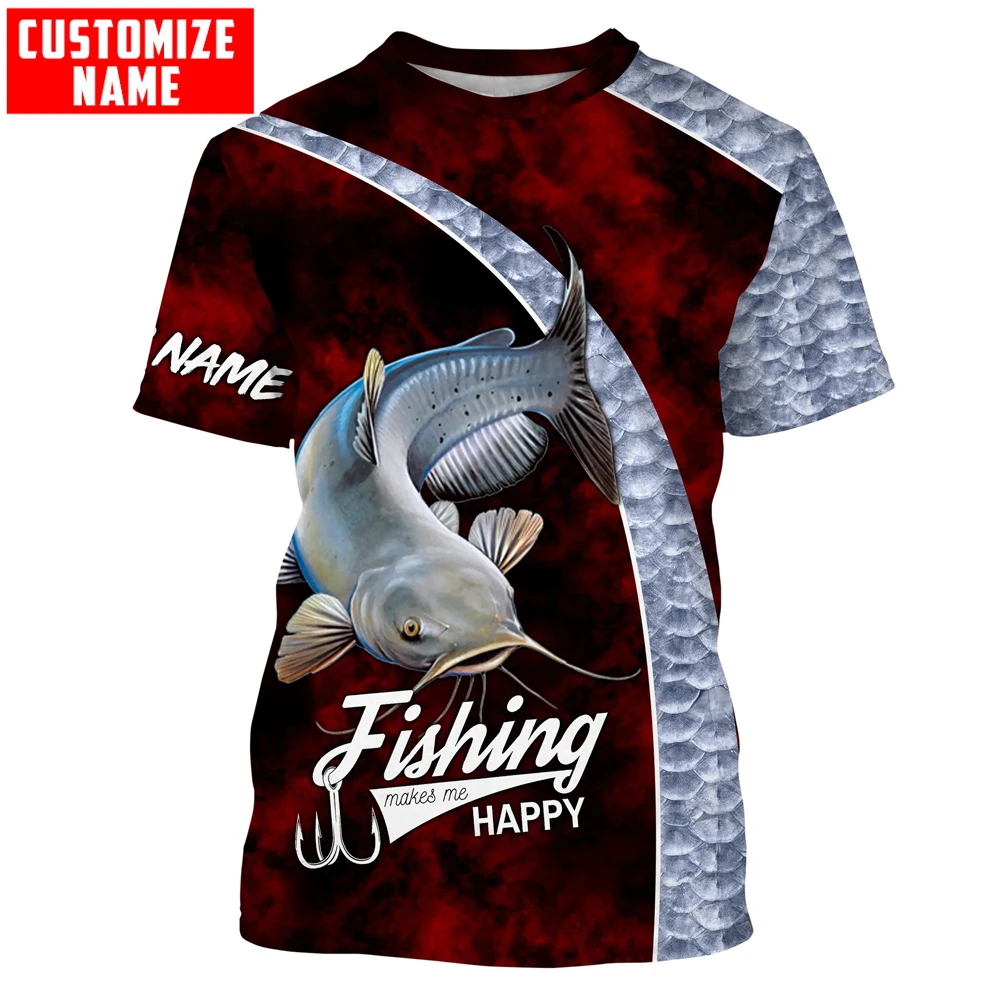 3D Printing Maket - ปลาดุกตกปลาทําให้ฉันมีความสุขตกปลาปรับแต่งชื่อ 3D พิมพ์ Mens T เสื้อฤดูร้อนสไตล์